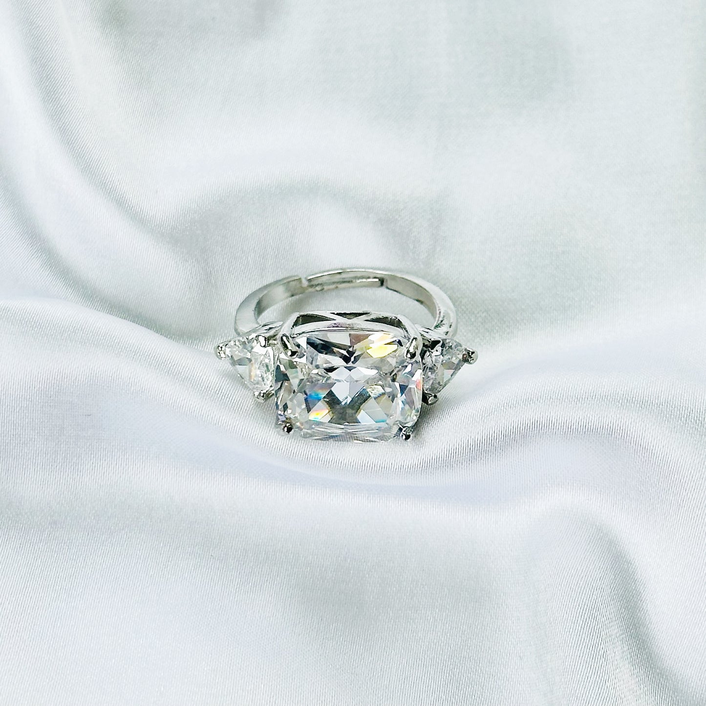 White Cubic Zirconia Ice Cut American Diamond Silver Plated Adjustable Ring