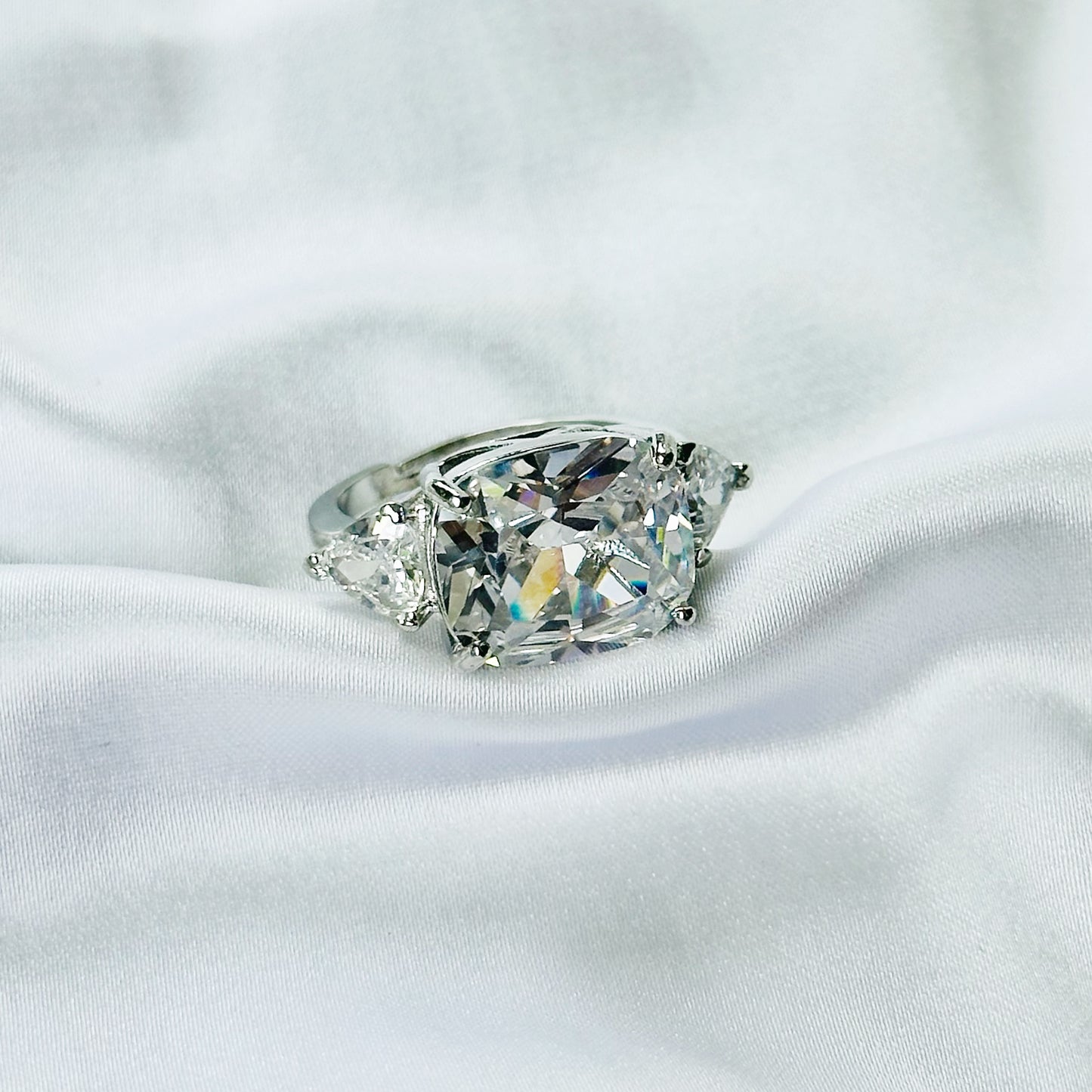 White Cubic Zirconia Ice Cut American Diamond Silver Plated Adjustable Ring