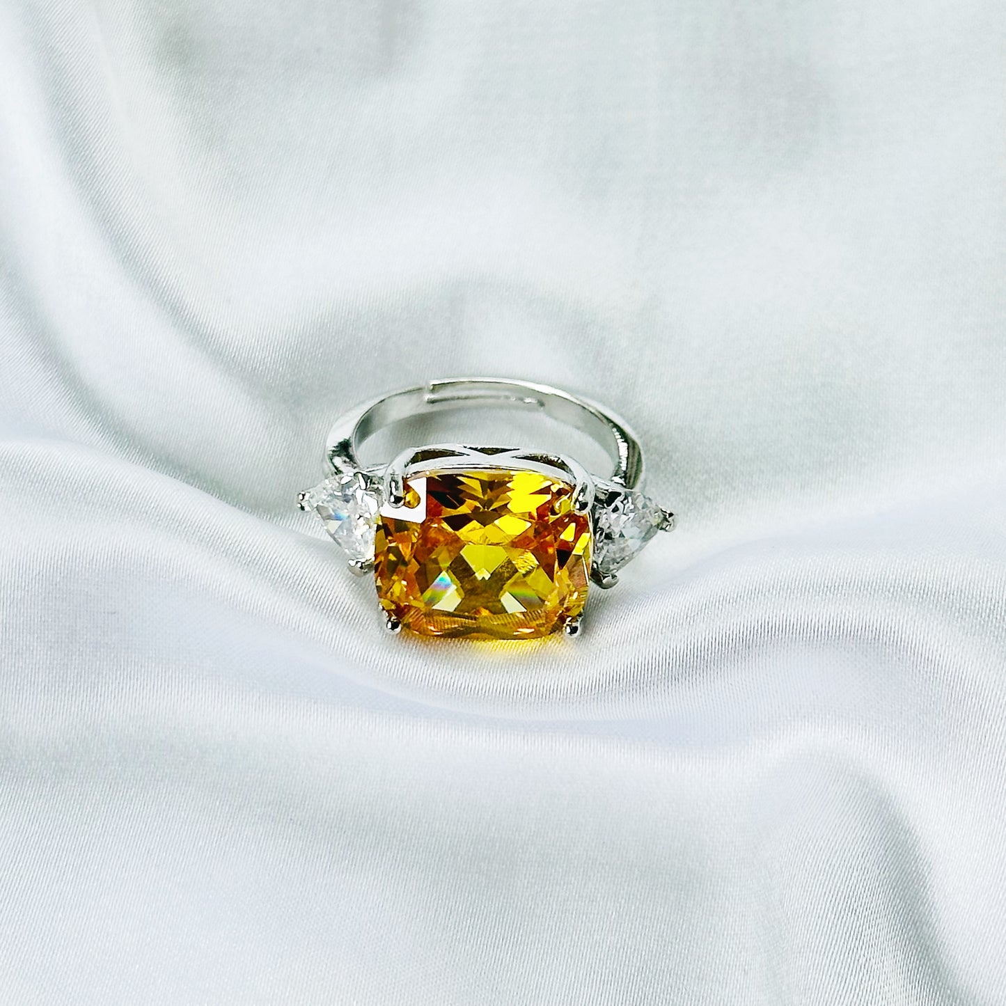 Yellow Topaz Cubic Zirconia Ice Cut American Diamond Silver Plated Adjustable Ring