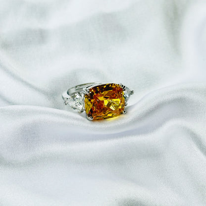 Yellow Topaz Cubic Zirconia Ice Cut American Diamond Silver Plated Adjustable Ring