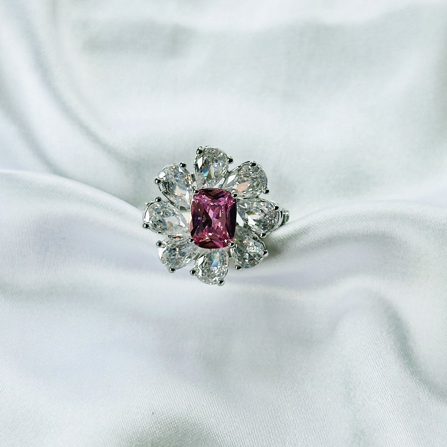 Pink Topaz Cubic Zirconia Ice Cut American Diamond Silver Plated Adjustable Ring