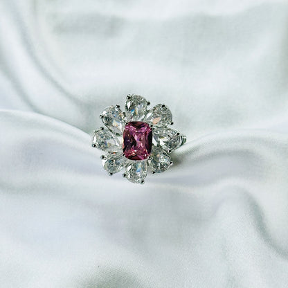 Pink Topaz Cubic Zirconia Ice Cut American Diamond Silver Plated Adjustable Ring