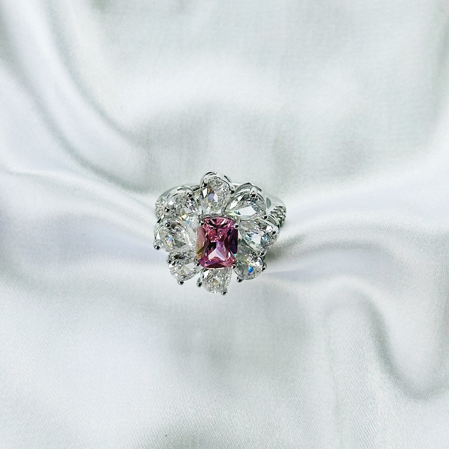Pink Topaz Cubic Zirconia Ice Cut American Diamond Silver Plated Adjustable Ring