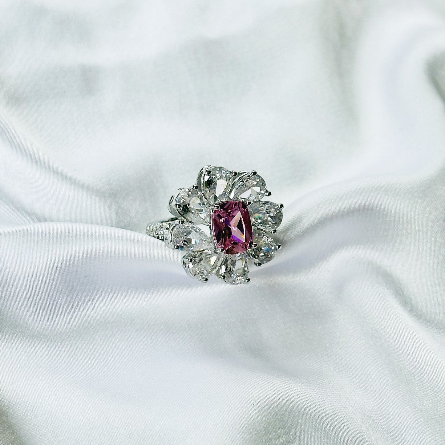 Pink Topaz Cubic Zirconia Ice Cut American Diamond Silver Plated Adjustable Ring