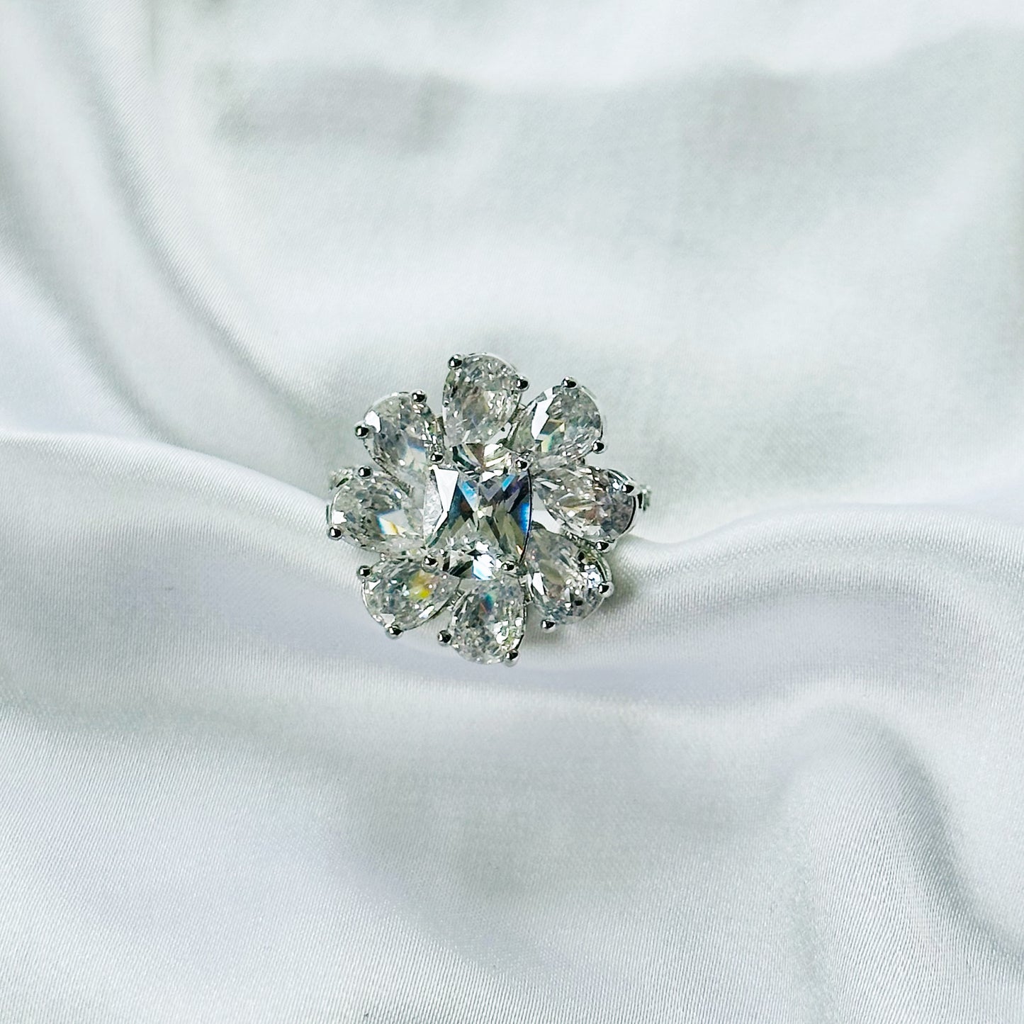 White Cubic Zirconia Ice Cut American Diamond Silver Plated Adjustable Ring