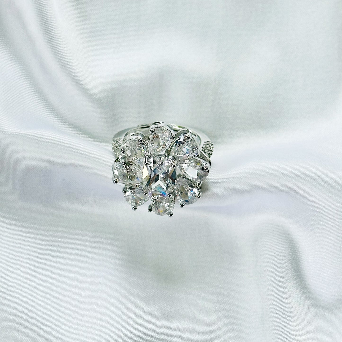 White Cubic Zirconia Ice Cut American Diamond Silver Plated Adjustable Ring