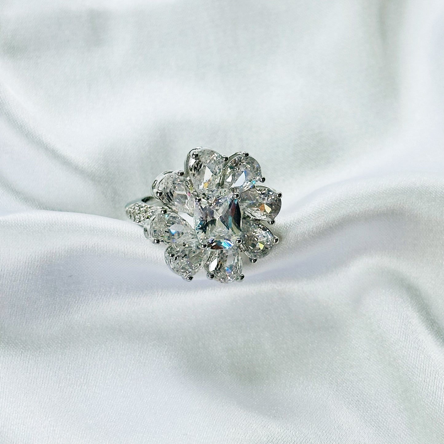 White Cubic Zirconia Ice Cut American Diamond Silver Plated Adjustable Ring