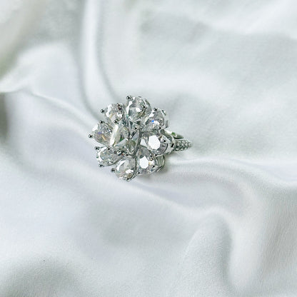 White Cubic Zirconia Ice Cut American Diamond Silver Plated Adjustable Ring