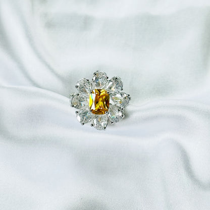 Yellow Topaz Cubic Zirconia Ice Cut American Diamond Silver Plated Adjustable Ring