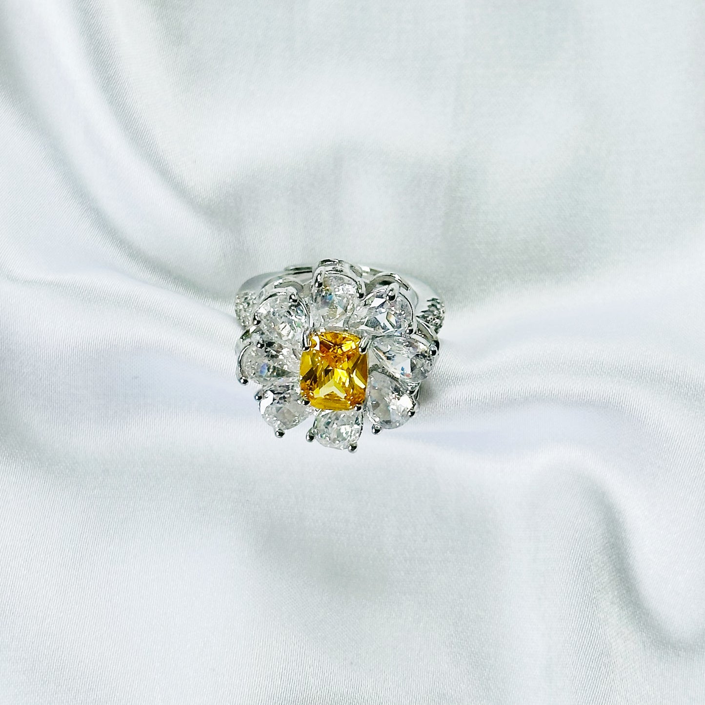 Yellow Topaz Cubic Zirconia Ice Cut American Diamond Silver Plated Adjustable Ring