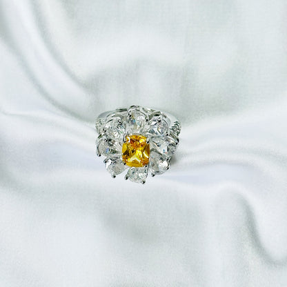 Yellow Topaz Cubic Zirconia Ice Cut American Diamond Silver Plated Adjustable Ring