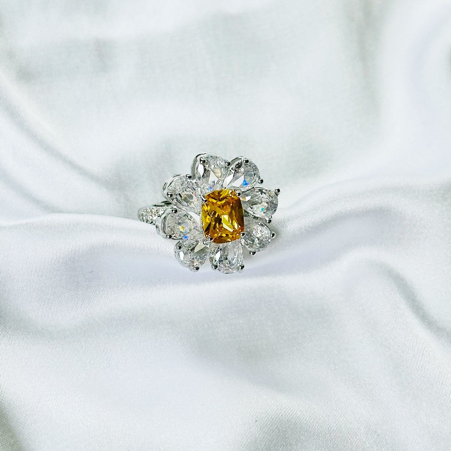 Yellow Topaz Cubic Zirconia Ice Cut American Diamond Silver Plated Adjustable Ring