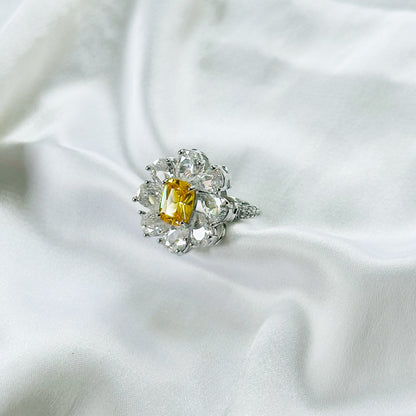 Yellow Topaz Cubic Zirconia Ice Cut American Diamond Silver Plated Adjustable Ring