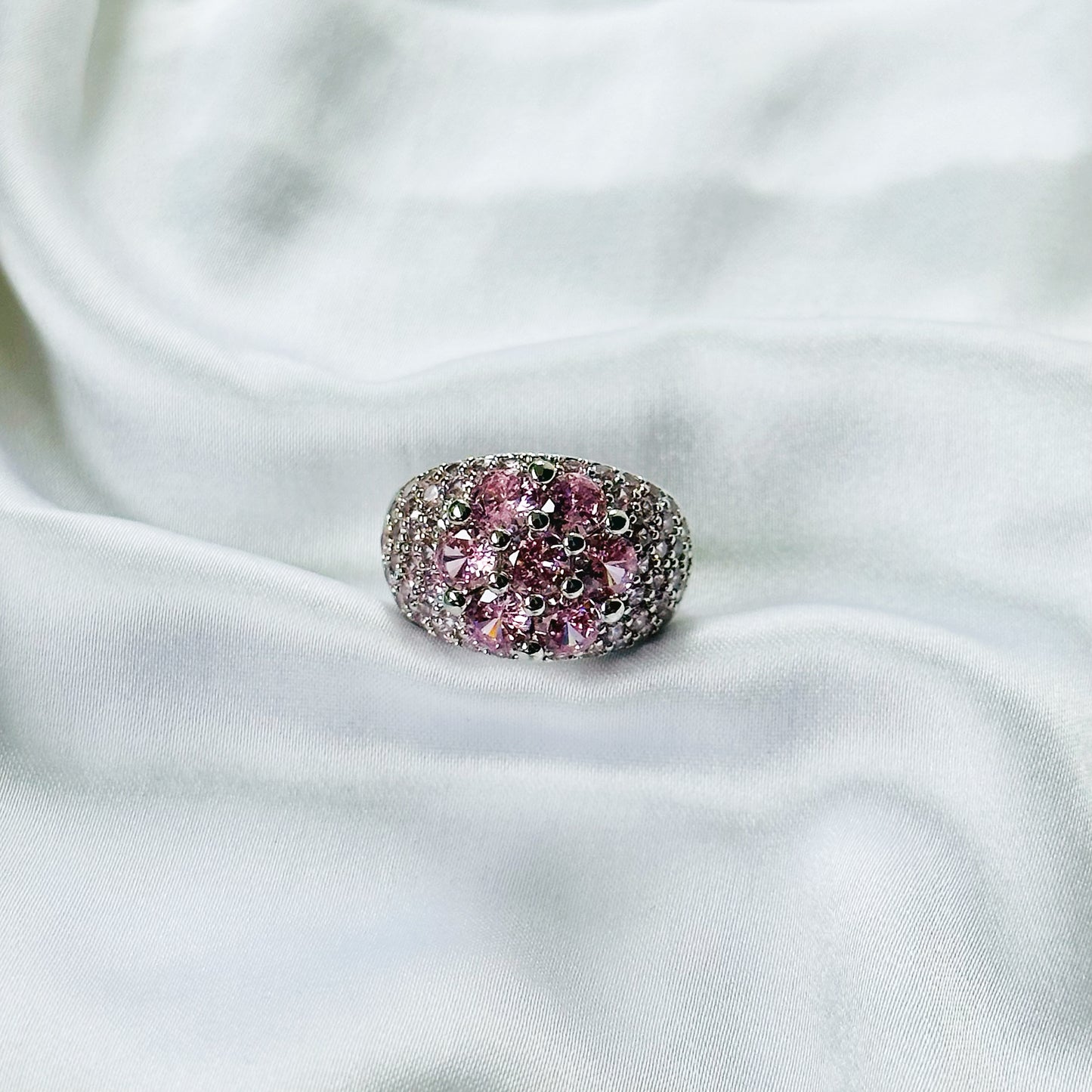 Pink Topaz Cubic Zirconia Ice Cut American Diamond Silver Plated Adjustable Ring