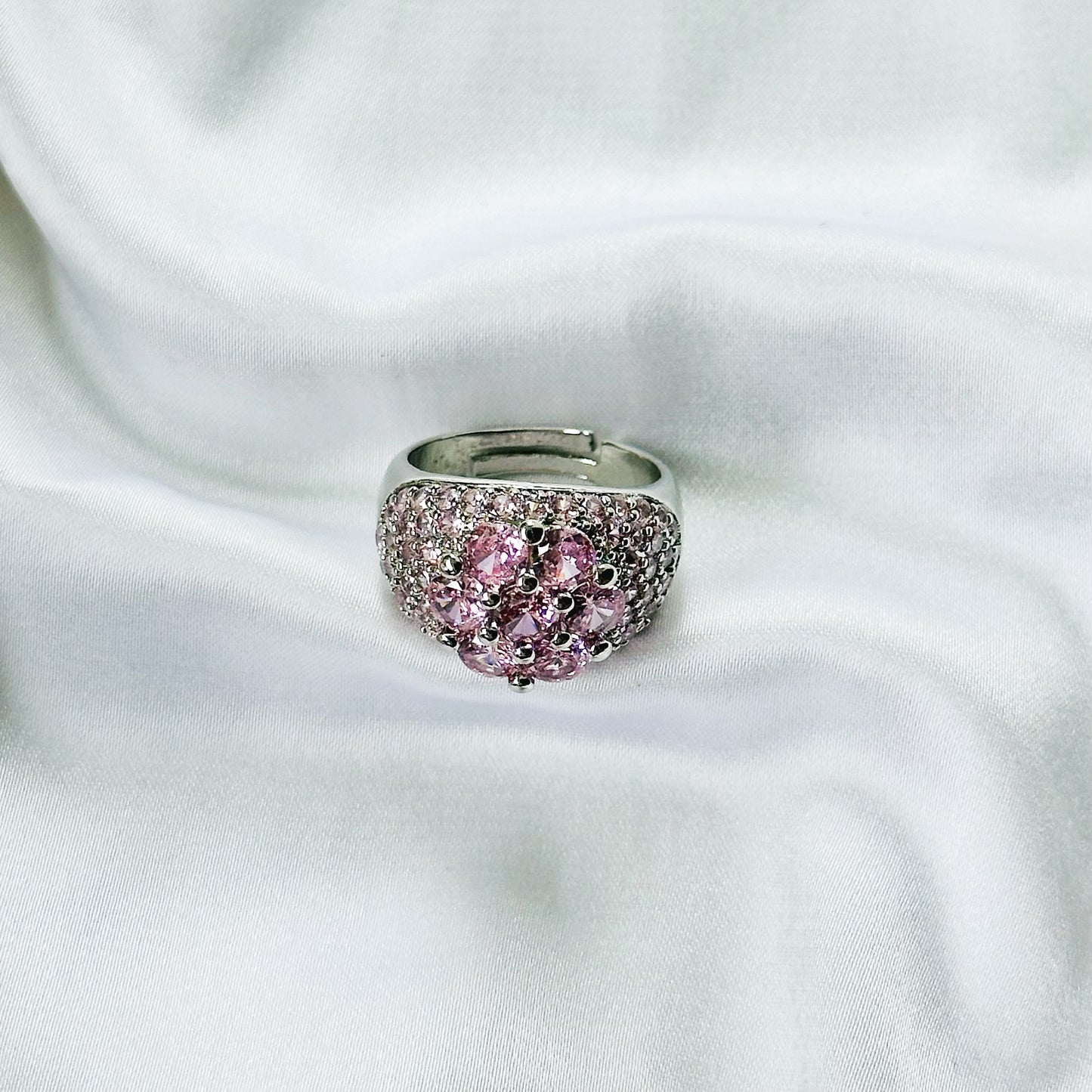 Pink Topaz Cubic Zirconia Ice Cut American Diamond Silver Plated Adjustable Ring