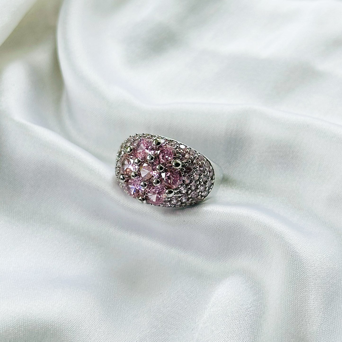 Pink Topaz Cubic Zirconia Ice Cut American Diamond Silver Plated Adjustable Ring