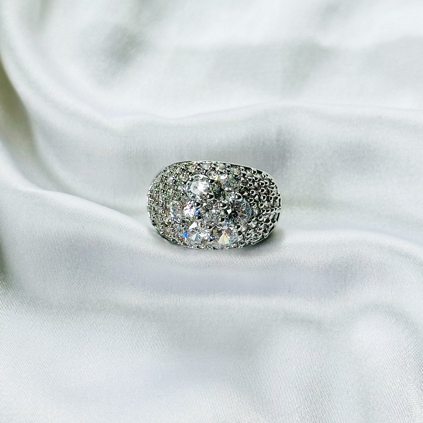 White Cubic Zirconia Ice Cut American Diamond Silver Plated Adjustable Ring