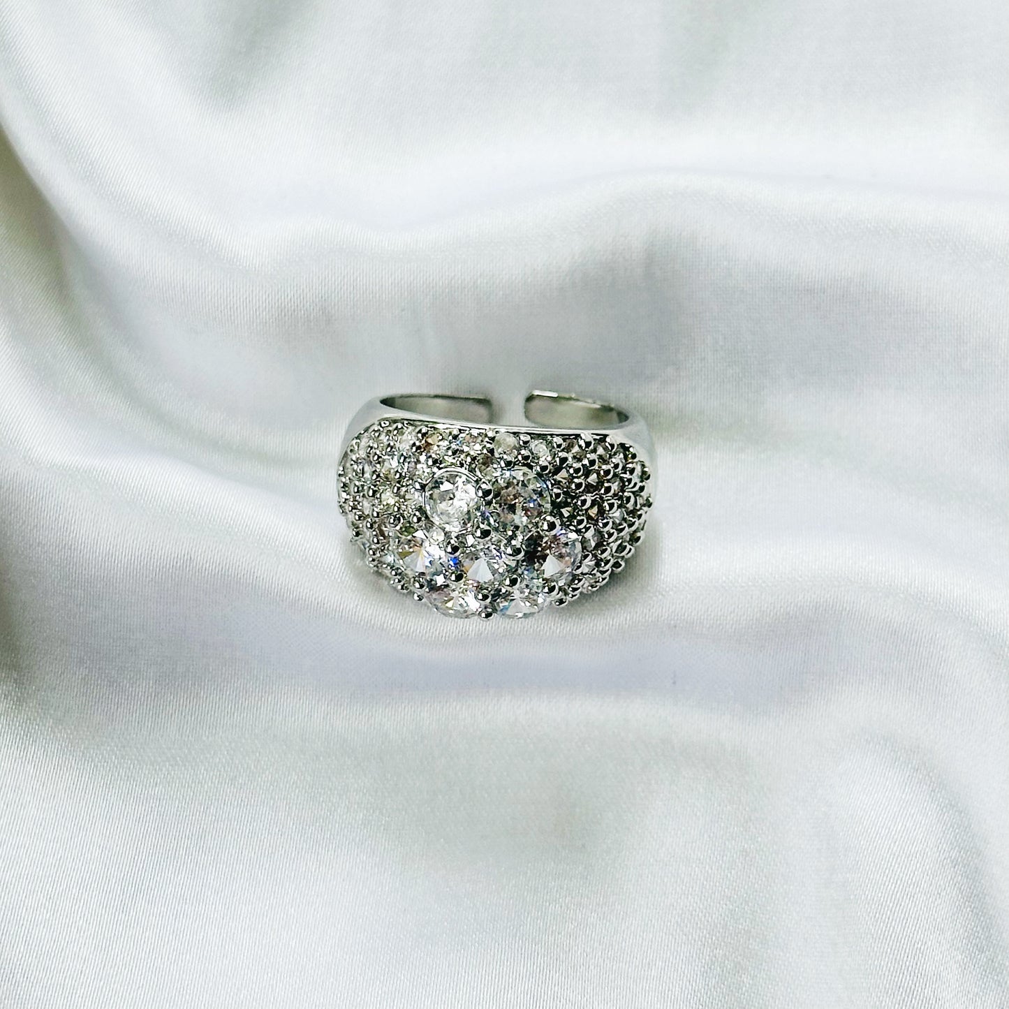 White Cubic Zirconia Ice Cut American Diamond Silver Plated Adjustable Ring