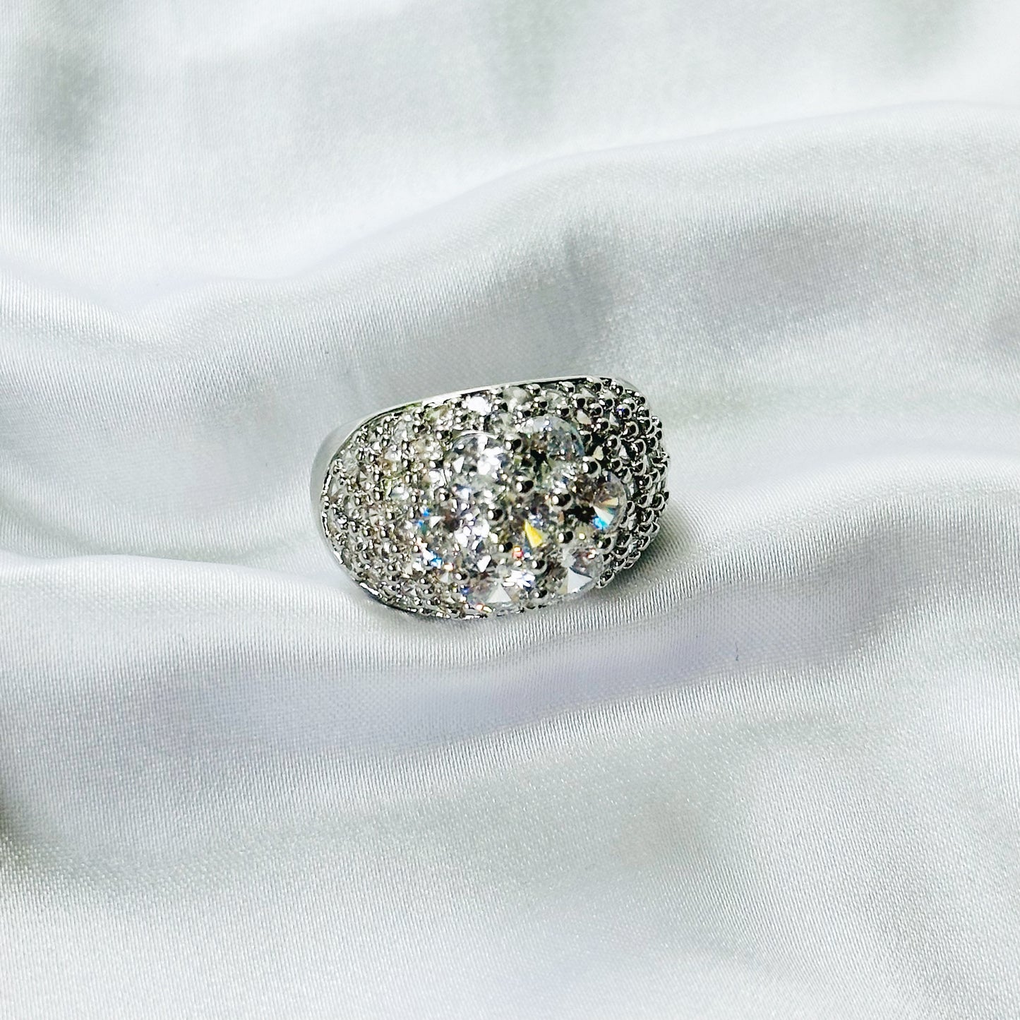 White Cubic Zirconia Ice Cut American Diamond Silver Plated Adjustable Ring