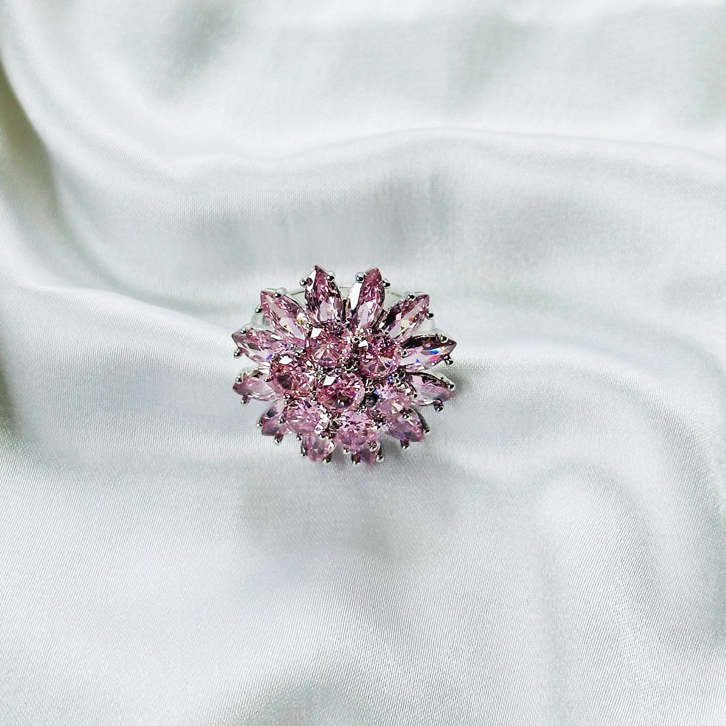 Pink Topaz Cubic Zirconia Ice Cut American Diamond Silver Plated Adjustable Ring
