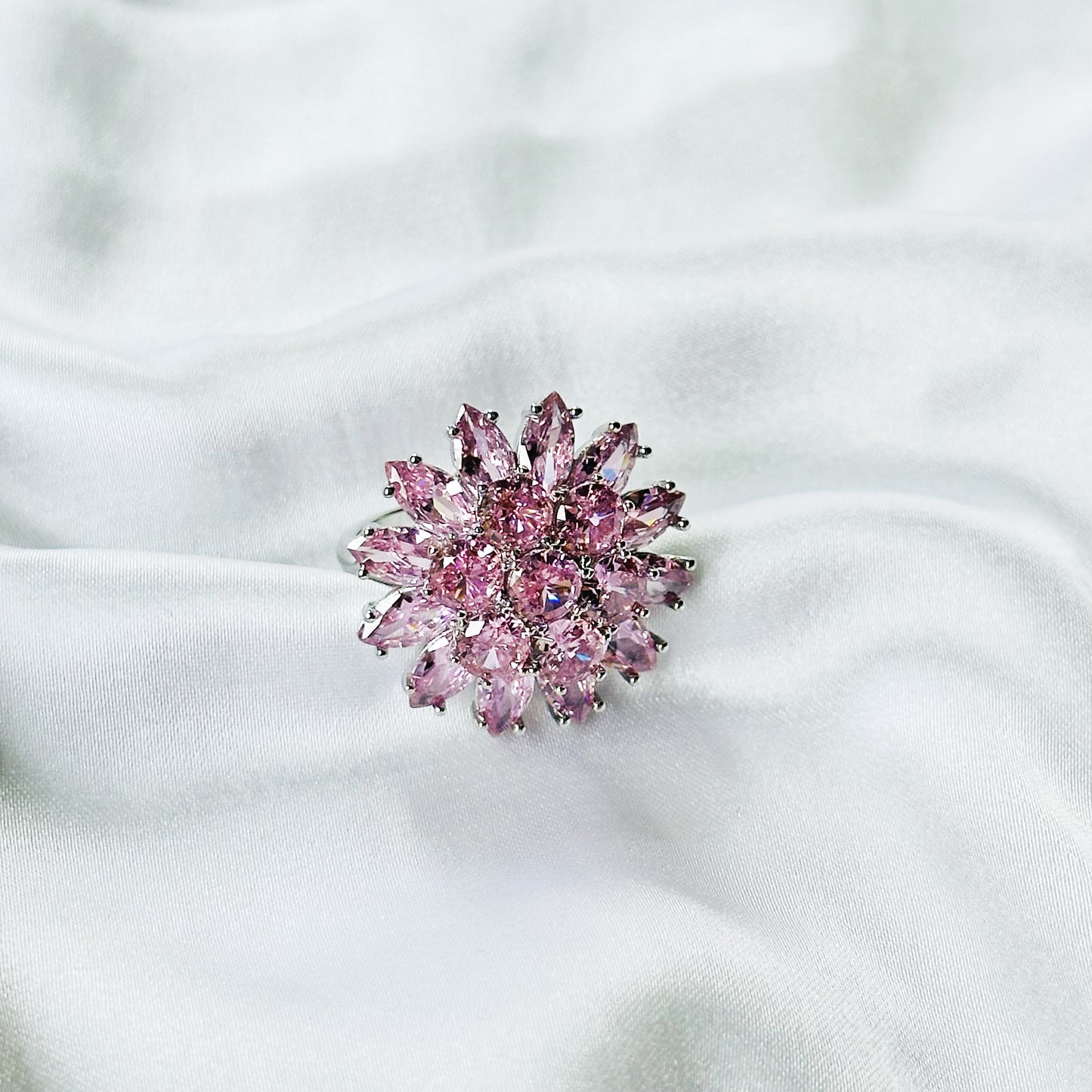 Pink Topaz Cubic Zirconia Ice Cut American Diamond Silver Plated Adjustable Ring