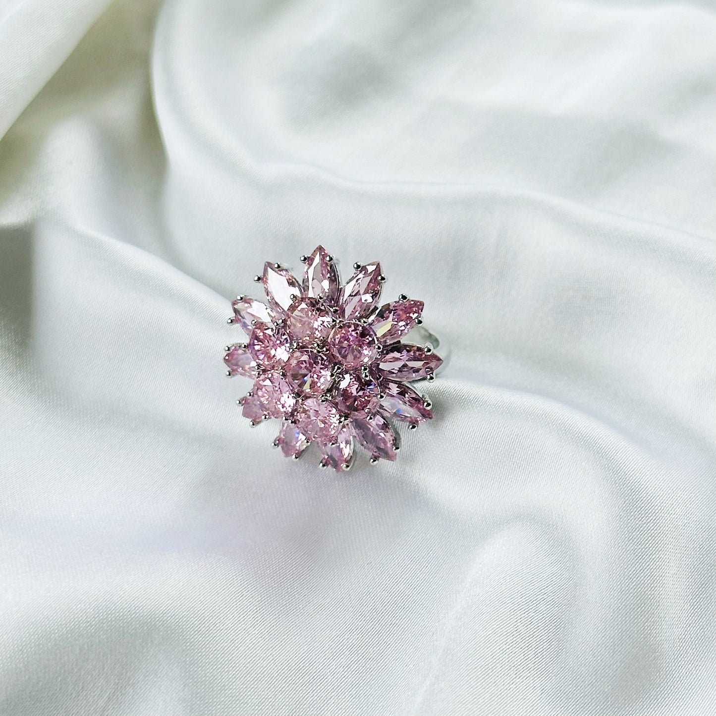 Pink Topaz Cubic Zirconia Ice Cut American Diamond Silver Plated Adjustable Ring