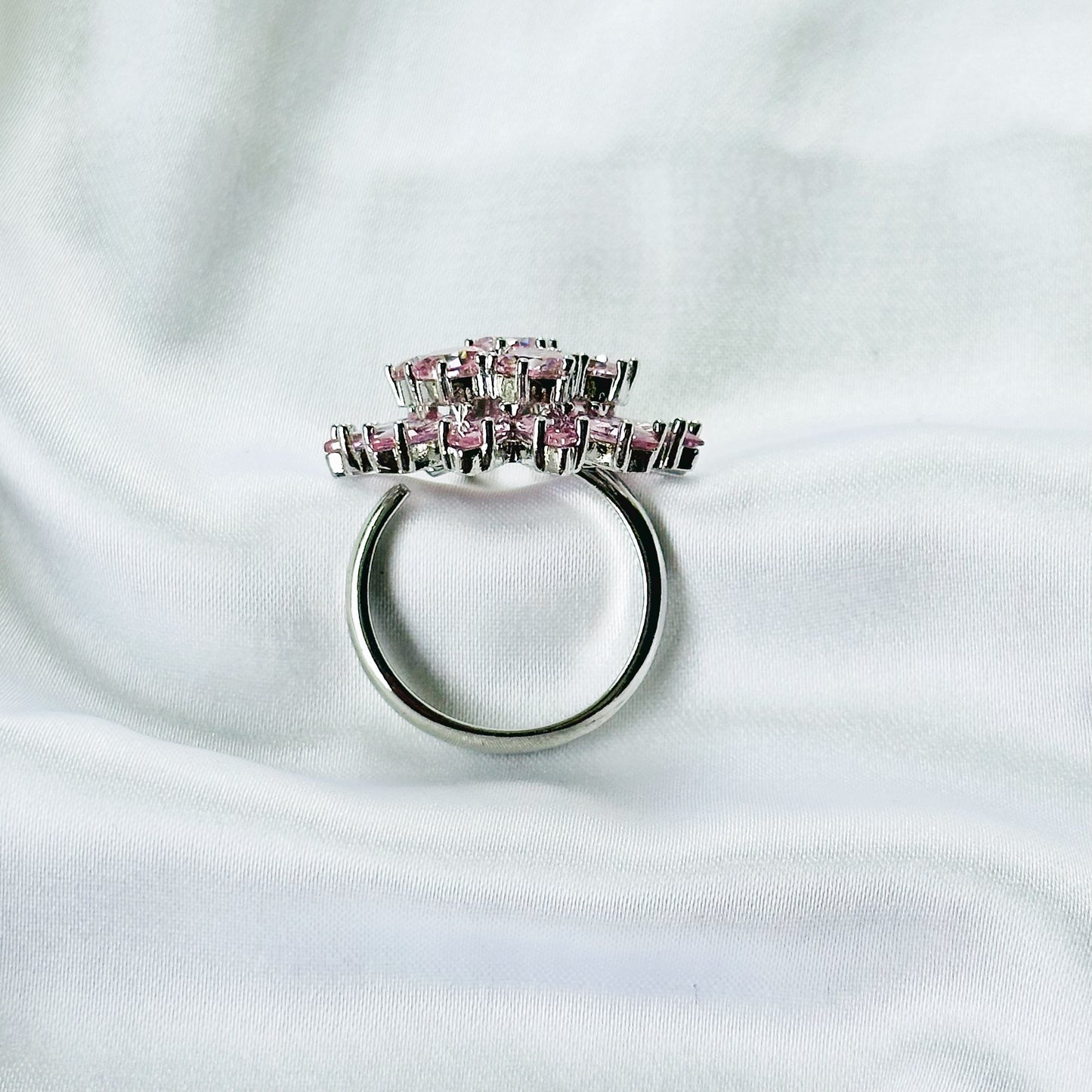 Pink Topaz Cubic Zirconia Ice Cut American Diamond Silver Plated Adjustable Ring