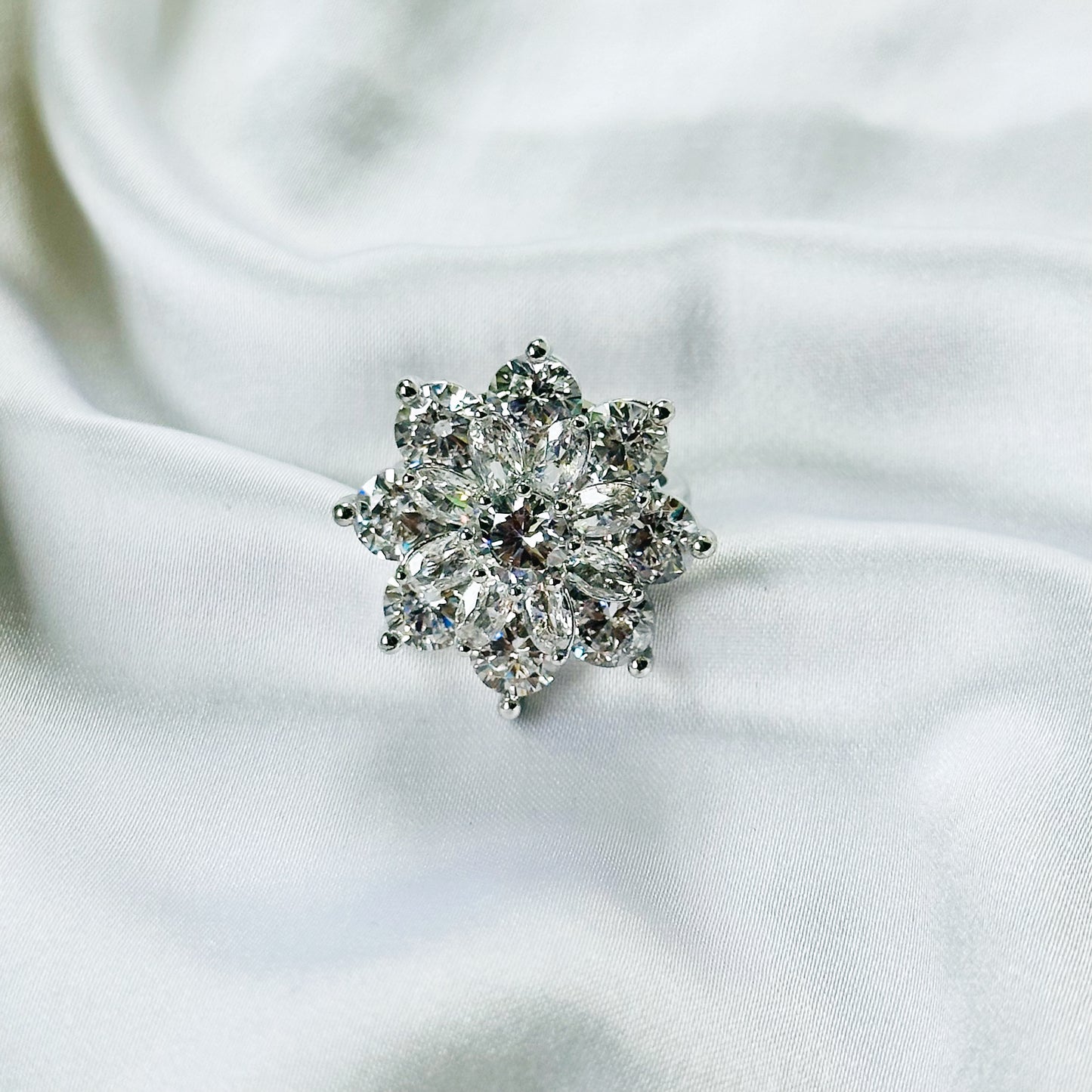 White Cubic Zirconia Ice Cut American Diamond Silver Plated Adjustable Ring