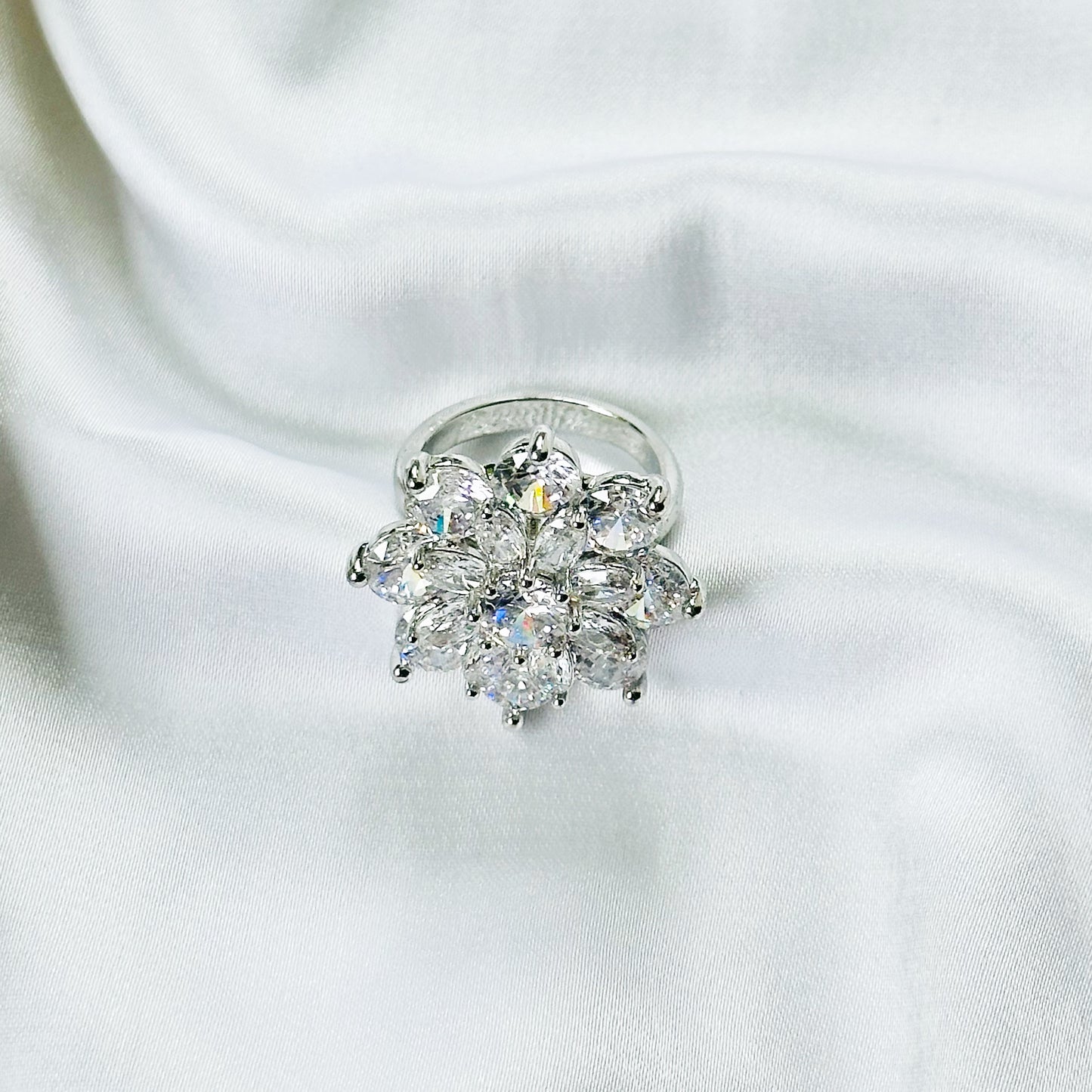 White Cubic Zirconia Ice Cut American Diamond Silver Plated Adjustable Ring
