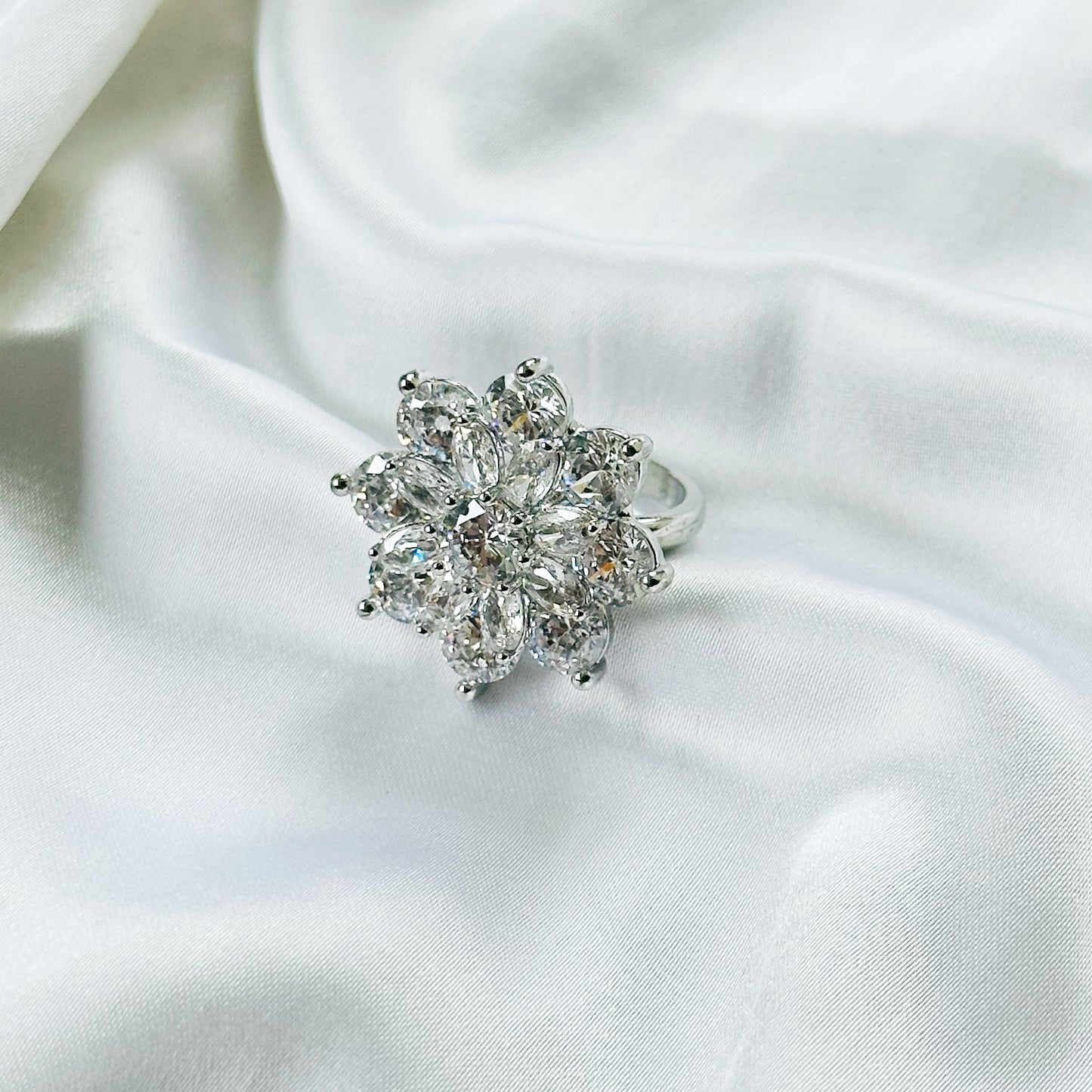 White Cubic Zirconia Ice Cut American Diamond Silver Plated Adjustable Ring