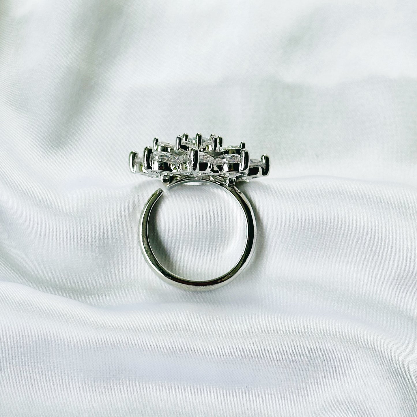 White Cubic Zirconia Ice Cut American Diamond Silver Plated Adjustable Ring