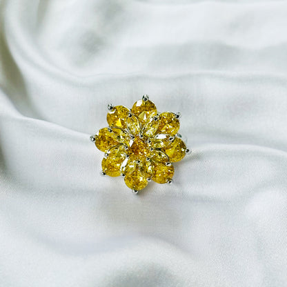 Yellow Topaz Cubic Zirconia Ice Cut American Diamond Silver Plated Adjustable Ring