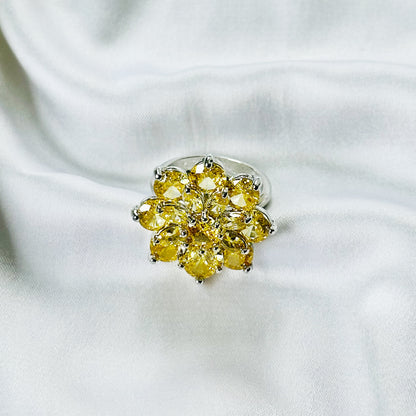 Yellow Topaz Cubic Zirconia Ice Cut American Diamond Silver Plated Adjustable Ring