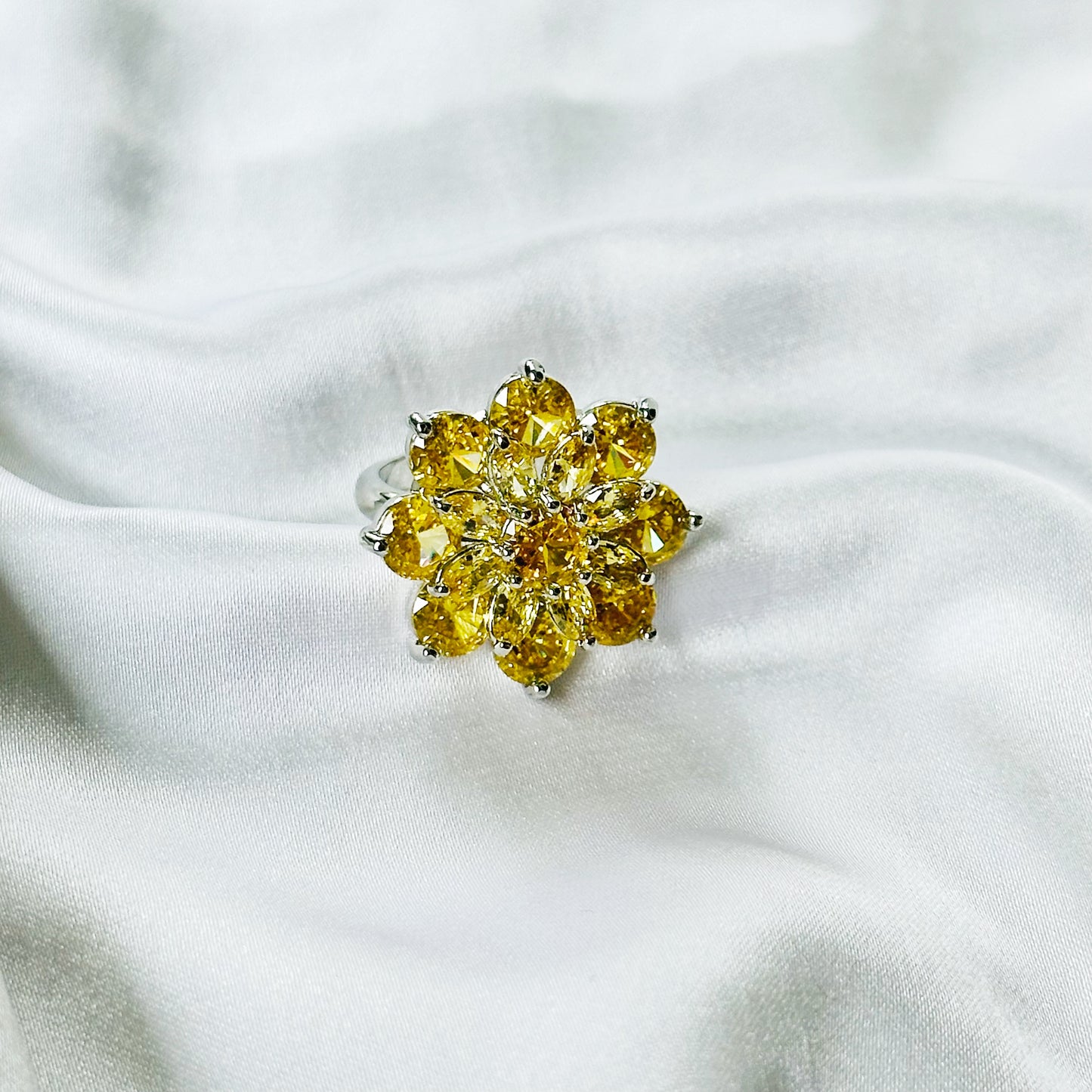 Yellow Topaz Cubic Zirconia Ice Cut American Diamond Silver Plated Adjustable Ring