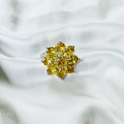 Yellow Topaz Cubic Zirconia Ice Cut American Diamond Silver Plated Adjustable Ring