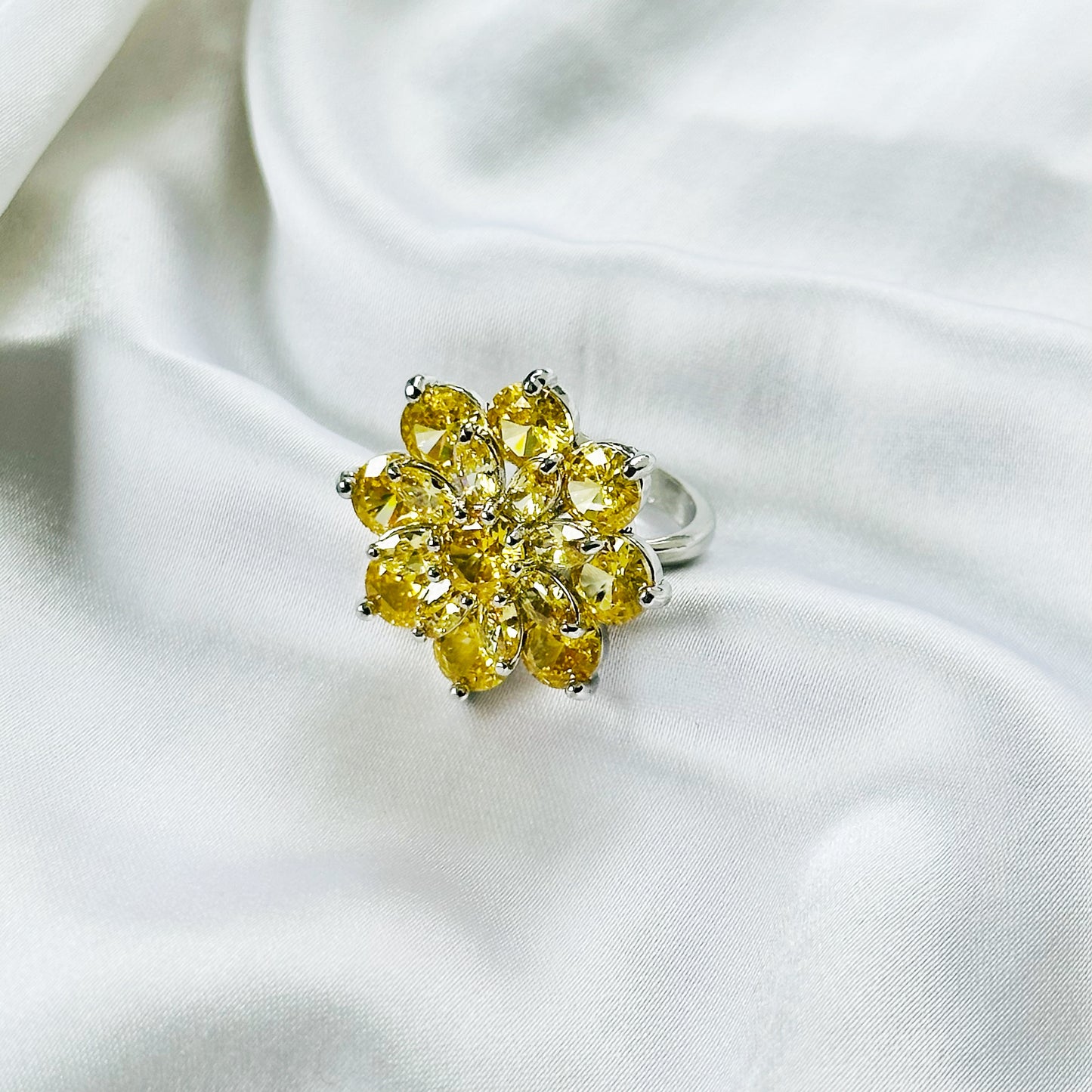 Yellow Topaz Cubic Zirconia Ice Cut American Diamond Silver Plated Adjustable Ring