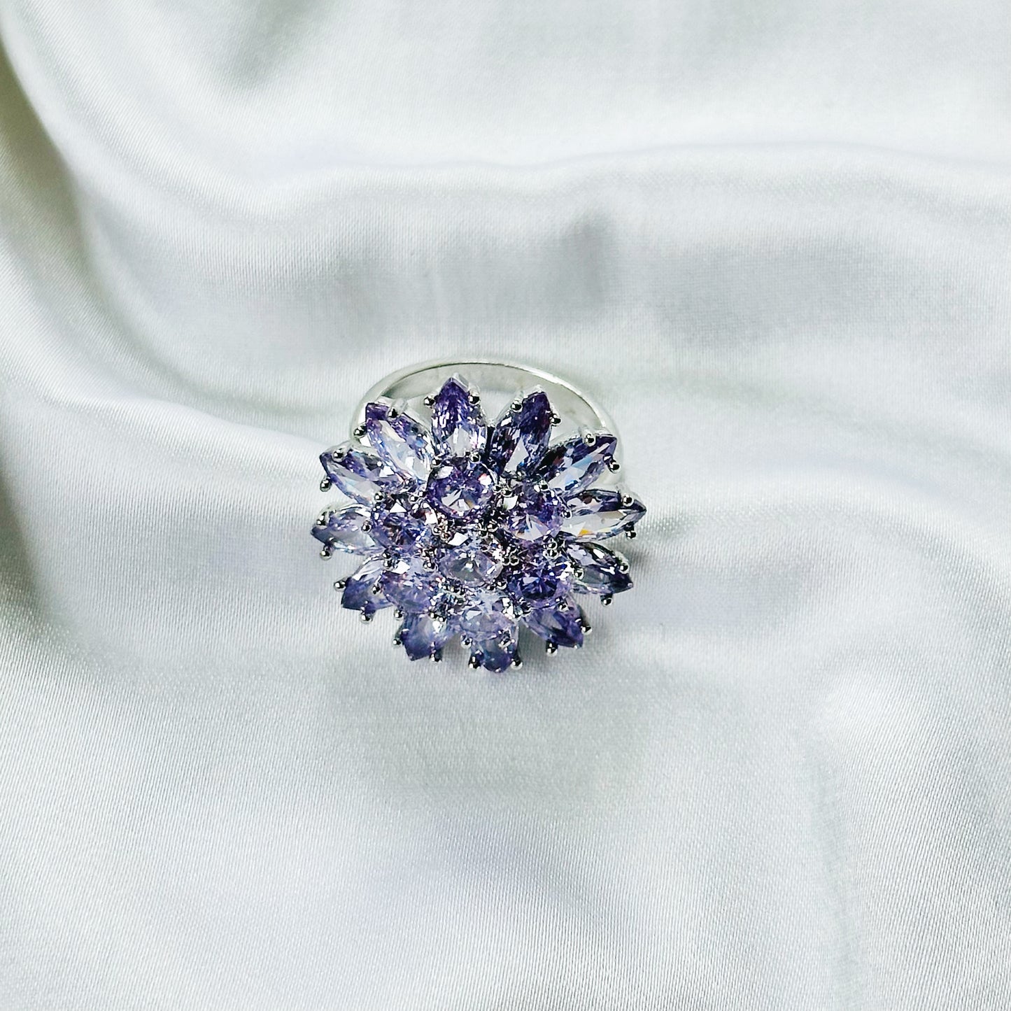 Purple Amethyst Cubic Zirconia Ice Cut American Diamond Silver Plated Adjustable Ring