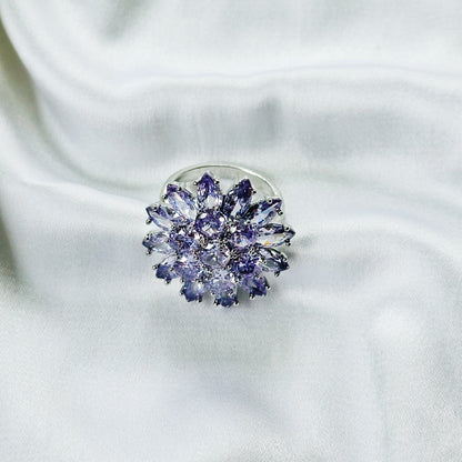 Purple Amethyst Cubic Zirconia Ice Cut American Diamond Silver Plated Adjustable Ring