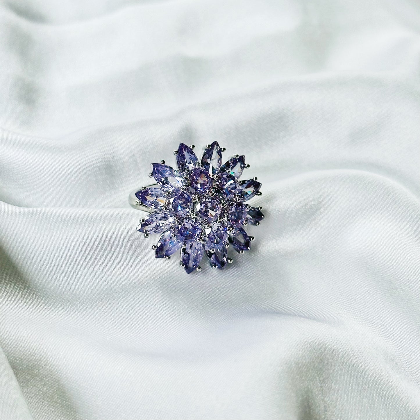 Purple Amethyst Cubic Zirconia Ice Cut American Diamond Silver Plated Adjustable Ring