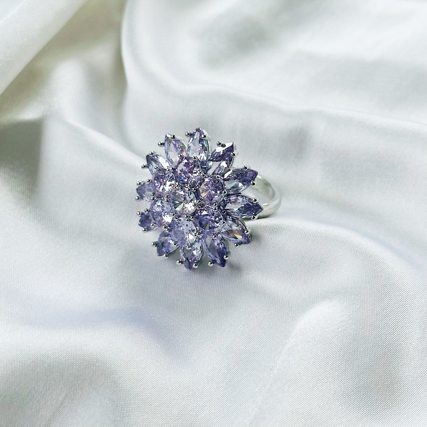 Purple Amethyst Cubic Zirconia Ice Cut American Diamond Silver Plated Adjustable Ring