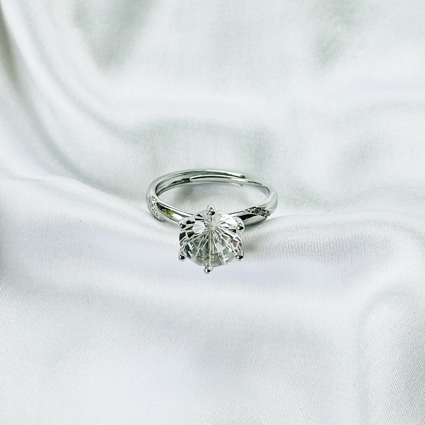Solitaire Cubic Zirconia Ice Cut American Diamond Silver Plated Adjustable Ring