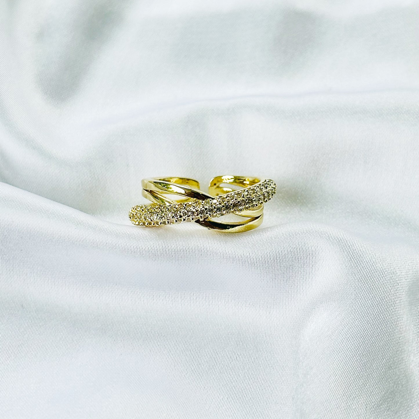 Asymmetric American Diamond Gold Plated Adjustable Ring