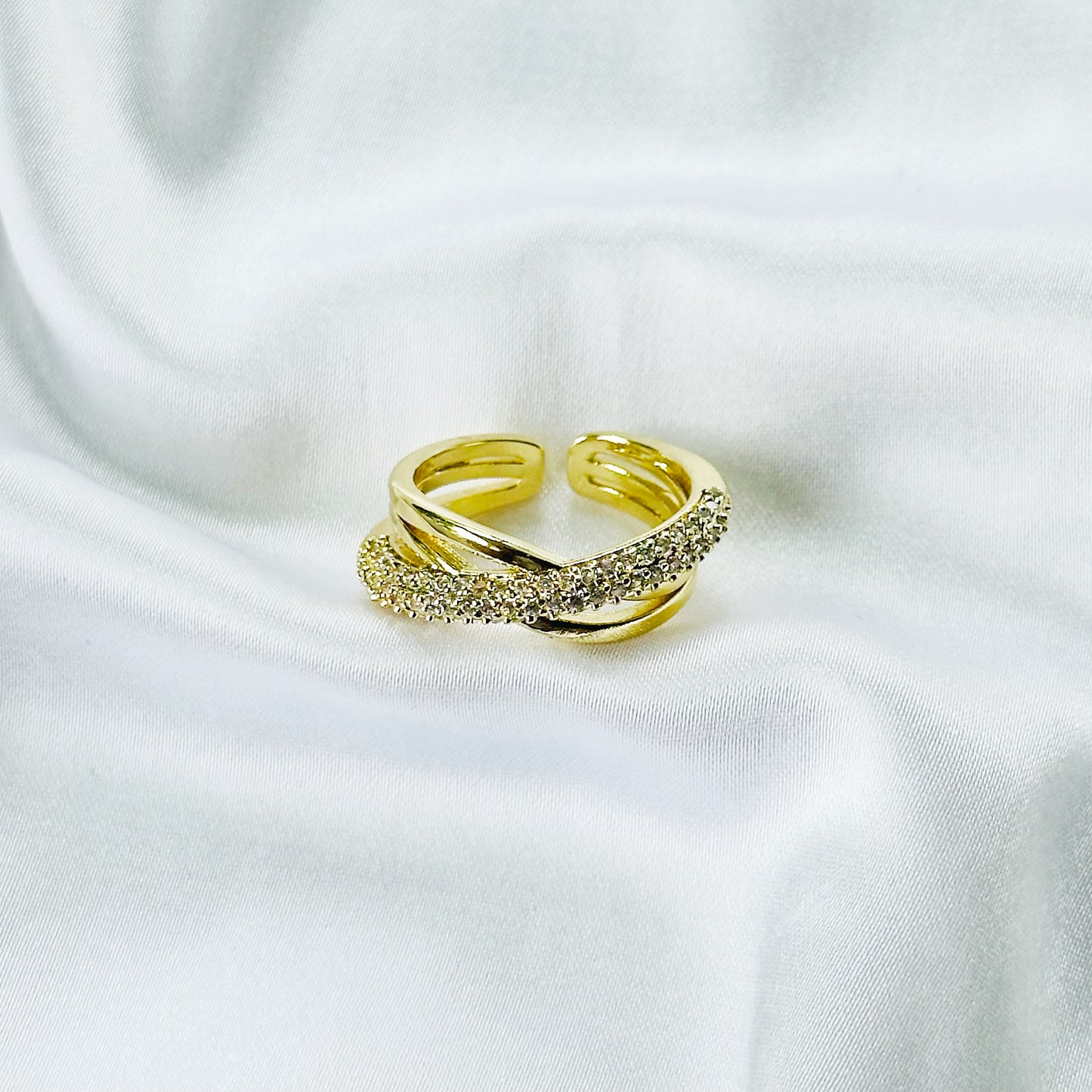 Asymmetric American Diamond Gold Plated Adjustable Ring