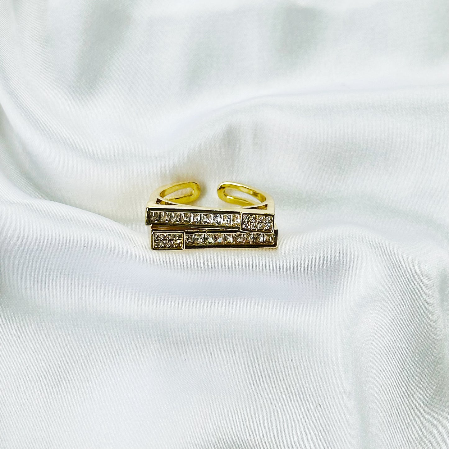 Asymmetric American Diamond Gold Plated Adjustable Ring
