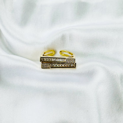 Asymmetric American Diamond Gold Plated Adjustable Ring