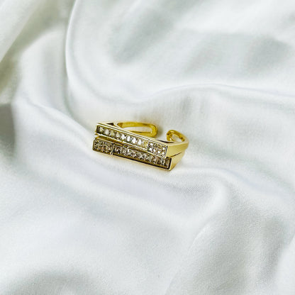 Asymmetric American Diamond Gold Plated Adjustable Ring