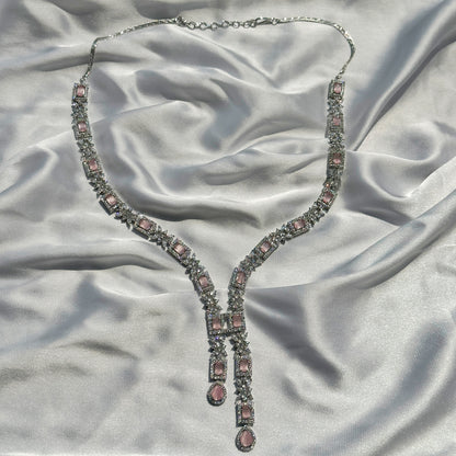 Pink Topaz Cubic  Zircon Stones American Diamond Silver Plated Necklace Set
