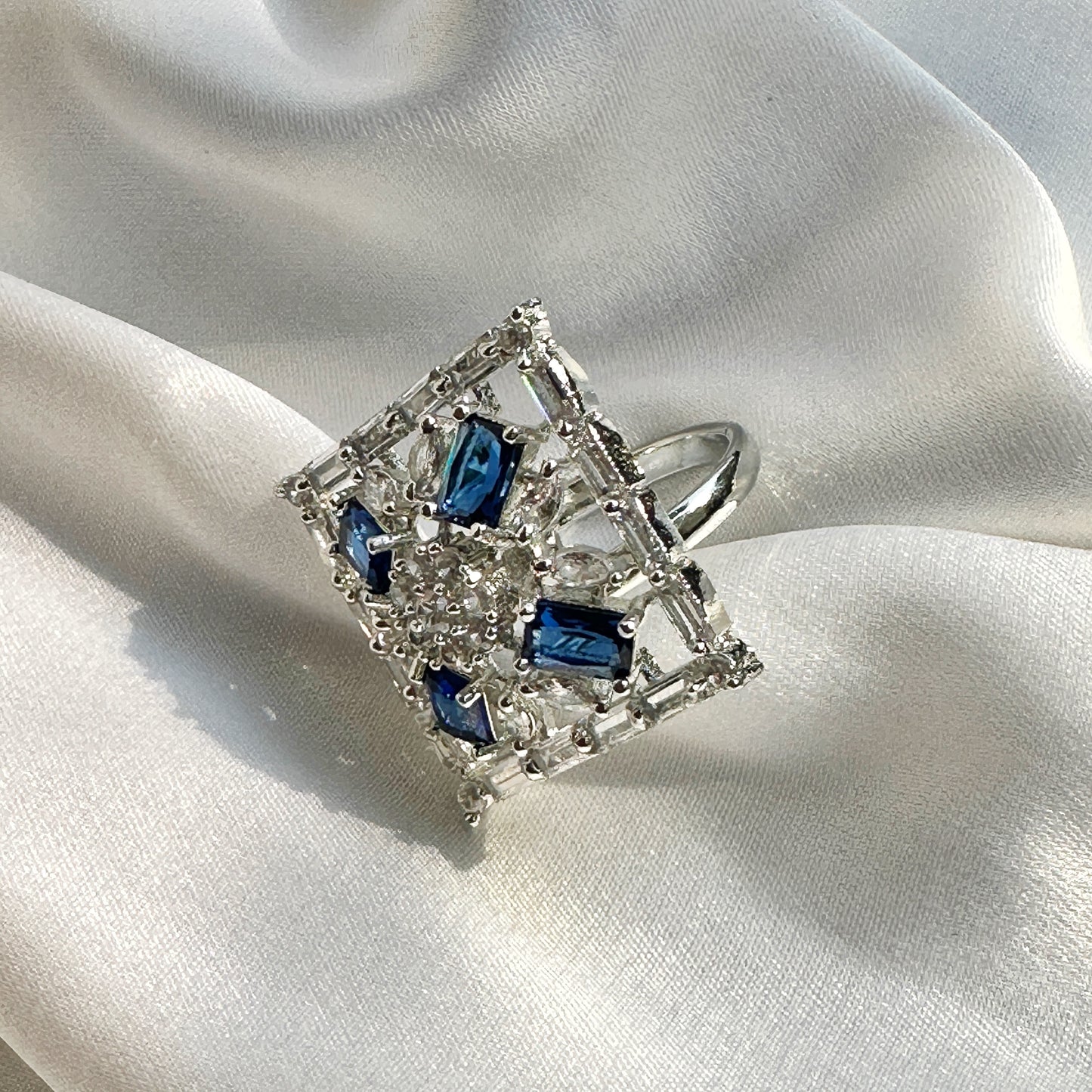Blue Sapphire Cubic Zircon Stone American Diamond Silver Plated Adjustable Ring