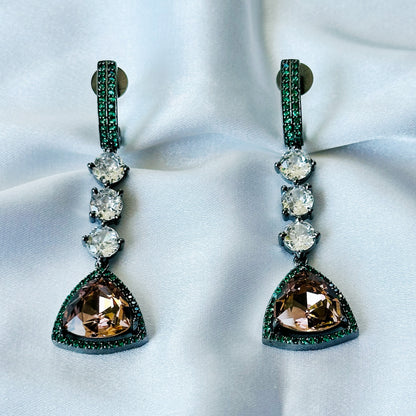 Smoked Topaz Swarovski Crystal Green Emerald Cubic Zircon American Diamond Victorian Plated Earrings