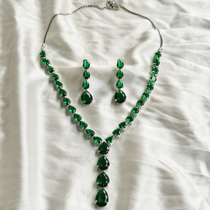 Green Emerald Cubic Zircon Stones Silver Plated Necklace Set